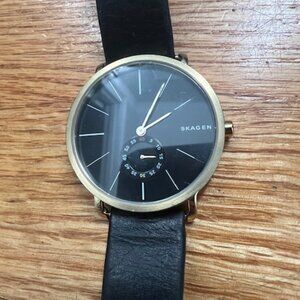 Skagen Watch: Black Face/Gold Trim - Black Leather Band